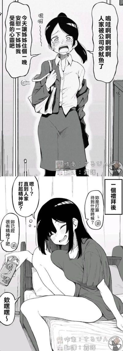 这是一组上下两格的日式短篇搞笑漫画：上格中，穿着职业装的姐姐崩溃大哭着冲进弟弟家，哭诉自己被公司解雇，请求借住一晚来抚慰受伤的心灵；下格是一周后，姐姐换上居家服，拿着罐装啤酒惬意地赖在弟弟的床上，当弟弟无奈询问她打算待到什么时候时，姐姐装傻反问是不是要自己打起精神，完全没有要离开的打算，通过前后的反差制造出搞笑的效果，调侃了借住时“疗伤”变“躺平赖着”的行为。