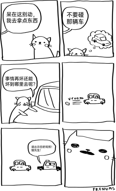 这是一则六格黑白涂鸦风格的搞笑连环漫画，讲述了一只调皮小猫的趣事：第一格中，一只猫严肃地叮嘱另一只小猫“呆在这别动，我去拿点东西”；第二格它特意补充“不要碰那辆车”，小猫在下方露出脑袋，脑海里浮现出那辆车的样子；第三格小猫坐在汽车驾驶座上，满不在乎地自言自语“事情再坏还能坏到哪里去呢？”；第四格小猫发动汽车，伴随着“vroom”的拟声词开车扬长而去；第五格警车追上了小猫的车，交警喊话“请出示您的驾照！猫先生！”；第六格是小猫慌张的大脸特写，显然它没有驾照，彻底陷入了自己之前认为不会发生的糟糕处境，通过“flag”被打破的反套路方式制造出搞笑效果。