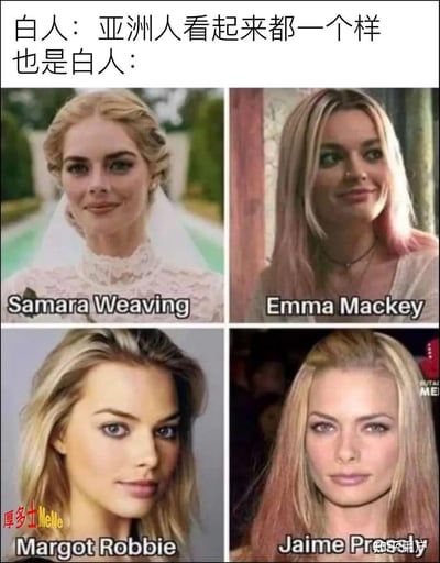 这张梗图用对比和自嘲的方式呈现了“白人觉得亚洲人长得都一样”以及“但其实白人明星之间也很像”的观点。上方文本指出了常见的刻板印象，下方则配上了四位欧美女明星的照片及名字，表明外貌相似，有反讽意味。图片在社交网络上经常出现，常被用于讨论种族刻板印象话题，表达不要因肤色形成盲目偏见。

暗含双关/讽刺：本图以自嘲方式指出，不同人种之间对“脸盲”的刻板印象其实是双向的。