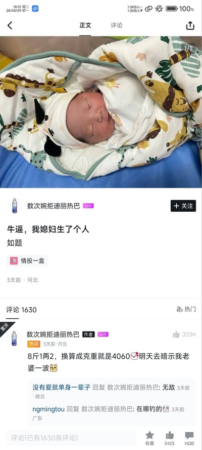 这是一张国内社交平台的用户帖子截图，楼主账号名为「数次婉拒迪丽热巴」，发布内容为自己刚出生的裹着动物图案襁褓的新生儿照片，配文「牛逼，我媳妇生了个人」。楼主随后在评论区置顶留言，称孩子体重是8斤1两2，换算成克重为4060，还表示「明天去暗示我老婆一波」。这里的梗是RTX4060是NVIDIA推出的热门游戏显卡型号，楼主借新生儿的体重数字玩梗，暗搓搓表达想要购买该显卡的想法，用搞笑的方式将生娃趣事和数码爱好者的心愿结合，十分有趣。