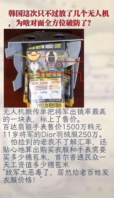 这是一张来自抖音的竖屏图文内容，以提问“韩国放无人机为何让对面全方位破防”开篇，搭配无人机撒的传单图片，随后解释破防原因：传单标注了某将军出镜率最高的百达翡丽手表（售价1500万韩元）、11岁将军的Dior羽绒服（250万韩元），还贴心换算成需要购买多少穗苞米，对比首尔普通民众一天工资对应的苞米数量，用这种方式凸显奢侈品与普通民众收入的巨大差距，最后用“敌军太恶毒了，居然给老百姓发衣服价格！”进行反讽，充满戏谑的讽刺意味。