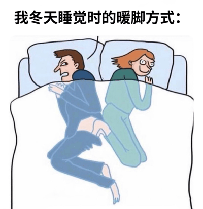 卡通风格插画，上方文字为'我冬天睡觉时的暖脚方式：'。画面中两人躺在床上，左侧男性穿蓝色睡衣，表情愤怒，双手交叉胸前，双脚伸向右侧女性背部；右侧女性穿绿色睡衣，表情开心，双手托腮。通过夸张对比幽默展现冬季用他人身体取暖的日常场景。