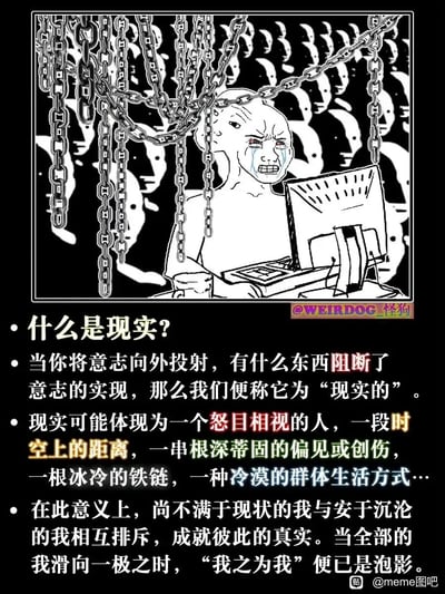 这是一张图文混排的原创Meme内容，上方是一幅黑白卡通插画：画中一个卡通人物泪流满面、表情痛苦地坐在电脑前，头顶和周围环绕着冰冷的铁链，背景是一群冷漠注视着他的同类形象，整体氛围压抑、充满束缚感。下方是针对“什么是现实？”的哲学式阐释文字，提出当意志向外投射被阻断时，那阻断之物便是“现实的”，并举例现实可以是他人的敌视、时空距离、偏见创伤、铁链、冷漠的群体生活等，最后点明不满现状与安于沉沦的自我相互排斥才构成真实的自我，若滑向任一极端则自我将不复存在，通过插画与文字结合，具象化地表达了对现实与自我的思考。