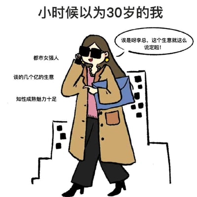 一张漫画风格的梗图，主题是“小时候以为30岁的我”。画面中，一位时尚的都市女性身穿大衣、戴着墨镜，手拿文件夹正在打电话，背景有简易的城市高楼轮廓，富有现代感。配文及旁白营造出对30岁都市成熟女性的理想化想象，幽默表现了童年对成年人的误解和理想化期待。

图中文字讽刺地展现了小时候幻想中的“30岁自己”：事业有成、谈大生意、魅力十足。讽刺和夸张的气息明显，传达出现实与童年想象的巨大差距。

**无双关谐音梗，但有理想与现实反差的幽默暗示。**