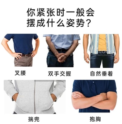 这是一张白底竖版图文拼贴，顶部用黑色大字提问：“你紧张时一般会摆成什么姿势？”下方排列五张只保留躯干、未显示头部的真人照片。上排从左到右分别是双手叉腰、双手在身后交握、双臂自然垂着；下排从左到右分别是双手插入卫衣口袋的揣兜姿势，以及双臂交叉的抱胸姿势。每张图片下方都有对应的中文标签。整图以选择题形式让观众对照自己紧张时的习惯性动作，风格轻松、贴近日常肢体语言观察。图中没有明显双关或谐音梗。