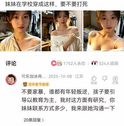 图片展示了三张年轻女性在宿舍环境中的自拍照片，穿着逐渐暴露，从肩部微露到明显的低胸吊带。上方配有标题'妹妹在学校穿成这样，要不要打死'，下方是评论区，显示一条高赞评论：'不要家暴，谁都有年轻叛逆，孩子要引导以教育为主，我对这方面有研究，你妹妹联系方式多少，我来跟她沟通一下'，带有明显的幽默和讽刺意味。