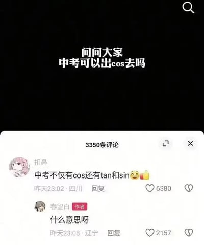 这张图分为上下两个部分，上半部分是黑色背景配白色文字，展示原提问内容：问问大家，中考可以出cos去吗；下半部分是中文社交平台的评论区截图，一共展示两条评论：用户名为“扣鼻”的网友回复“中考不仅有cos还有tan和sin”，搭配相关表情，该评论获得了6380个赞；原提问作者“春留白”回复表示疑惑，询问“什么意思呀”，该评论获得2157个赞。这一内容玩了双关谐音梗，提问者所说的“cos”指cosplay角色扮演，是询问中考结束能不能穿cos服装出门，而回复者所说的cos、tan、sin是数学学科中三角函数的余弦、正切、正弦，都是中考数学的必考内容，用同音同形的词汇玩了搞笑梗，原作者不知情的疑惑提问更放大了内容的趣味性。
