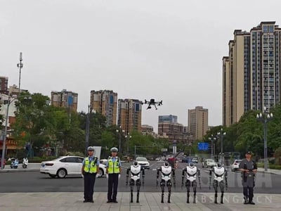 这是一张充满未来科技感的合成城市街景图，画面前景的人行道上，两名身着荧光反光背心的交警、四台造型统一的类人型机器人，以及一名手持操控设备的安保人员整齐列队，姿态严肃。背景是车流量不小的城市主干道，空中还有一架无人机正在悬停飞行，道路两侧是高层居民楼与茂密绿植，整体场景构建出了人工智能参与城市交通执法的脑洞画面。
注：该场景为虚构合成，现实中暂未出现此类机器人执勤的配置。