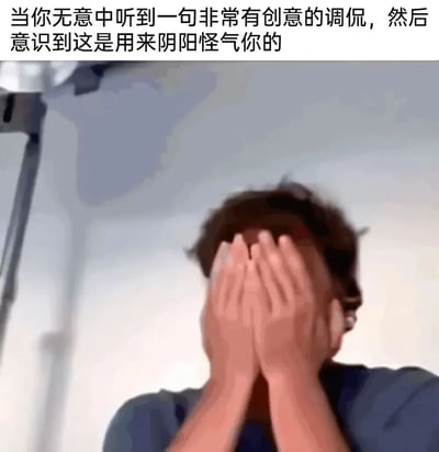 图片上方有文字描述：'当你无意中听到一句非常有创意的调侃，然后意识到这是用来阴阳怪气你的'，下方是一个真人用双手捂住脸的画面，表现出尴尬、震惊或无奈的情绪，生动展现了听到表面创意实则讽刺话语时的反应。