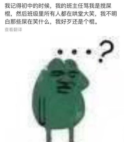 这是一张图文混排的静态网络梗图，上方配有一段自嘲式吐槽文字：“我记得初中的时候，我的班主任骂我是搅屎棍，然后班级里所有人都在哄堂大笑，我不明白那些屎在笑什么，我好歹还是个棍。”，下方是一个绿色卡通青蛙形象，它眉头紧皱，脑袋上方悬浮着一串带问号的省略号，神态满是疑惑不解。这段文字运用了语义反转的荒诞梗，将“搅屎棍”这个贬义称呼拆分，把嘲笑自己的同学比作“屎”，将自己定义为“棍”，用不合常理的逻辑吐槽当时被指责又被嘲笑的尴尬场景，搭配青蛙疑惑的表情，进一步放大了这种无语又好笑的黑色幽默效果。
