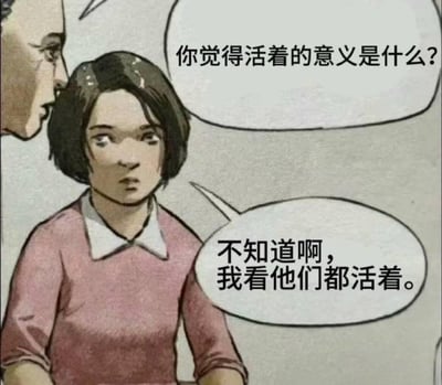 一幅漫画风格的插画，描绘了两个人物的对话场景。左侧人物只露出部分面部，向一位短发女性提问：“你觉得活着的意义是什么？”。短发女性穿着粉色上衣，表情略显迷茫，回答道：“不知道啊，我看他们都活着。”。画面通过简洁的对话探讨了关于人生意义的哲学问题，展现了一种常见的迷茫心态。