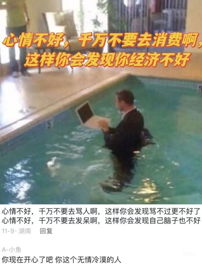 这是一张充满黑色幽默的网络梗图，画面主体是一位身着正装西装的男子，整个人泡在泳池的水中，正专注地操作一台笔记本电脑，形象生动地展现出社畜即便在放松场景下也摆脱不了工作的疲惫与无奈。图上方配有醒目的橙色吐槽文字：“心情不好，千万不要去消费啊，这样你会发现你经济不好”，下方还附带两条补充评论：一条是来自湖南的网友补充“心情不好，千万不要去骂人啊，这样你会发现骂不过更不好了；心情不好，千万不要去发呆啊，这样你会发现自己脑子也不好”，另一条是用户“A-小鱼”的调侃回复“你现在开心了吧 你这个无情冷漠的人”。整张图通过夸张的场景设置与层层递进的吐槽文案，精准戳中当代年轻人在情绪低落时，容易做出让自身处境雪上加霜的行为的痛点，用自嘲的方式引发大众在情绪管理、经济压力、职场倦怠等方面的共鸣。