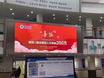 这是一张在台州市中心医院（台州学院附属医院）大厅内拍摄的照片，画面核心是一块红色LED大屏，展示着医院的喜报，内容为2022年12月21日该院门急诊服务人次突破200万，喜报设计正式喜庆；大屏上方的墙面上印有医院的战略目标与服务理念标语，下方则是医院楼层平面示意图，大厅内还有来往的人员，整体呈现出医院内部公共区域的场景，传递出医院服务规模提升的喜讯。