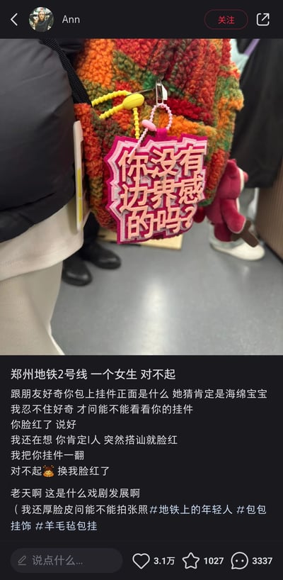 这是一张小红书平台的社交媒体截图，发布者Ann记录了自己在郑州地铁2号线的一次社死经历：她和朋友好奇同乘女生包上的挂件，猜测是海绵宝宝，于是忍不住询问女生能否查看，女生脸红着同意了。当Ann翻转挂件后，看到上面写着‘你没有边界感的吗？’，瞬间感到尴尬脸红，之后她询问女生并得到同意拍下了这个包挂的照片，发布该内容分享自己的社死瞬间。图中展示了这个带有扎心文字的包挂，它被挂在一个拼色毛绒背包上。