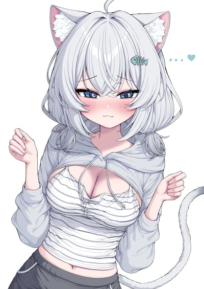 这是一幅AI生成的二次元卡通插画，画面主体是一位原创的银发猫耳少女：她留着浅银灰色的中短发，发间别着鱼骨造型的发夹，有着通透的蓝灰色眼眸，脸颊布满明显的红晕，眼神低垂，嘴角微微下撇，露出害羞又略带委屈的软萌神情。她穿着条纹吊带外搭短款连帽衫，下身搭配深色裤子，双手做出轻轻抬起的拘谨小动作，身后的猫尾巴自然垂着，画面右侧还有带爱心的省略号元素，进一步烘托出她羞涩腼腆的状态，整体画风细腻软萌，背景为纯白色，突出了角色本身。
