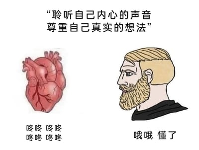 这是一张解构心灵鸡汤的搞笑静态梗图，整体采用左右分栏的图文混排形式。图片顶部配有常见的励志鸡汤标语：“‘聆听自己内心的声音 尊重自己真实的想法’”；左侧是一幅写实风格的人类心脏插图，下方用重复的“咚咚”文字模拟心脏跳动的声音；右侧是一个金发络腮胡的卡通男性半身像，下方配文“哦哦 懂了”。梗图的笑点在于将“内心的声音”进行字面化演绎，把抽象的内心想法替换成心脏实际发出的跳动声，而卡通人物却一本正经地表示“懂了”，形成了荒诞的反差感，用幽默的方式调侃了这类空泛励志话语的无意义。
