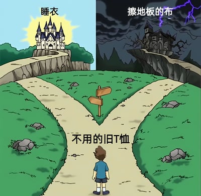 图片为左右对比的卡通场景，左侧是阳光明媚的景象，一座华丽的城堡上方标有“睡衣”字样；右侧则是乌云密布、伴有闪电的黑暗场景，一座破败的城堡上方标有“擦地板的布”字样。画面底部中央有一个穿着蓝色上衣的男孩，正站在两条岔路口前，路口处的地面上写着“不用的旧T恤”。整图通过鲜明对比，幽默地展现了一件旧T恤可能面临的两种不同命运选择。