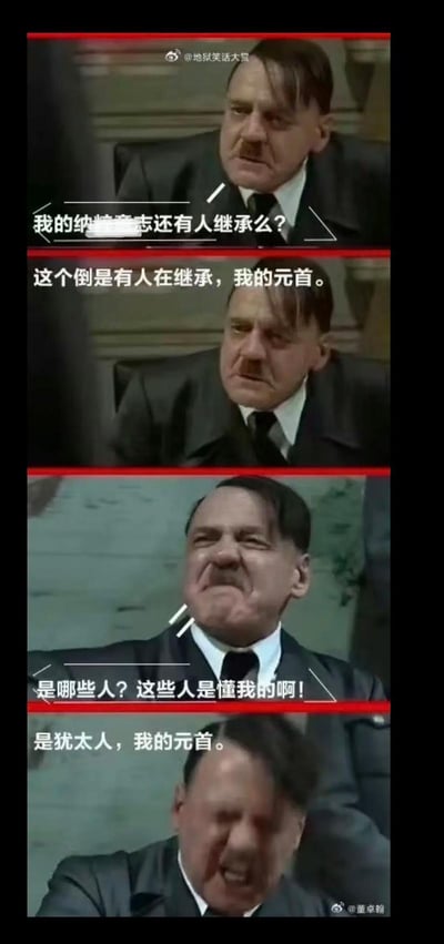该图片取材于著名电影《帝国的毁灭》的名场面，通过改编台词加入了“纯粹西志”和“狒狒”等网络梗，玩笑地表达了某些网络文化现象的自嘲和吐槽。对白以谐音梗的方式，调侃了对某些“传统精神”或“信仰”的盲从和群体跟风现象。

特别说明：本图以谐音、双关语为核心搞笑元素，重点在于对网络群体“狒狒（讽刺跟风、无脑模仿的人）”的趣味化描述。