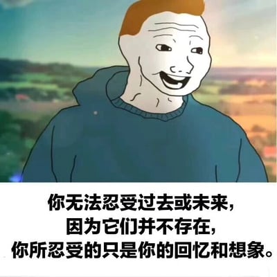 图片上半部分是一个卡通人物形象，该人物有着白色的面部、红色短发，身穿蓝色连帽衫，面部带着夸张的灿烂笑容，背景是模糊的绿色田野和蓝黄渐变的天空，营造出开阔的自然氛围。图片下半部分是一段黑色文字：“你无法忍受过去或未来，因为它们并不存在，你所忍受的只是你的回忆和想象。” 整体通过幽默的卡通形象搭配富有哲理的文字，传达关于放下对过去和未来的过度纠结、关注当下的观念。