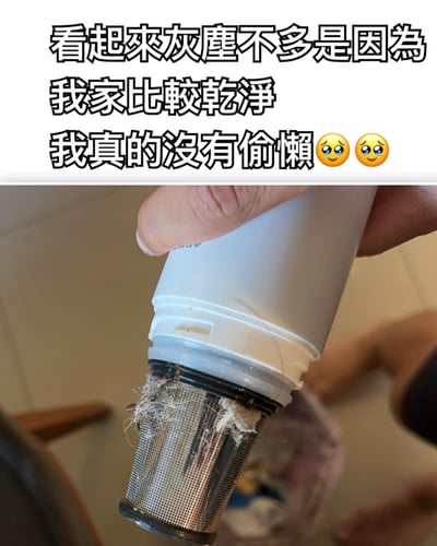 图片上半部分是黑色加粗文字：'看起来灰尘不多是因为我家比较干净 我真的没有偷懒 😥😥'，下半部分是手持吸尘器滤芯的特写照片，滤芯内部塞满了灰尘、头发和杂物，形成鲜明对比，通过图文反差制造幽默效果，调侃人们为自己偷懒找借口的行为。