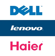 这张图将戴尔（DELL）、联想（lenovo）、海尔（Haier）三个国内外知名科技、家电品牌的官方标志进行垂直拼接展示，从上至下分别是蓝色字体的戴尔标志、深蓝色背景衬托的白色联想标志、粉色字体的海尔标志，整体排版整齐，构图清晰，能够直观地让观看者识别出这三个品牌的视觉标识。