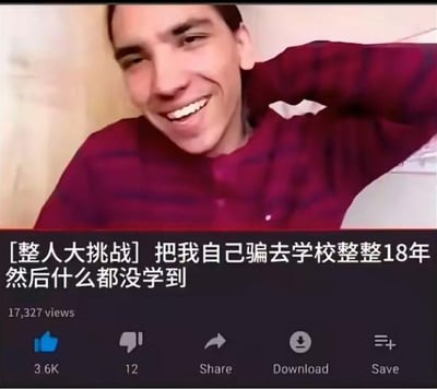 这是一张YouTube平台的视频截图，画面上方是一位穿着红紫条纹上衣的男子，他面带开心的笑容，一只手挠着后脑勺，神态轻松。画面下方是视频的标题栏，标题为「[整人大挑战] 把我自己骗去学校整整18年然后什么都没学到」，视频显示有17327次观看，3.6K点赞，12次点踩，还有Share（分享）、Download（下载）、Save（保存）的功能按钮。该内容用「整人大挑战」的热门视频标题格式玩梗，以自嘲的方式调侃自己从小学到大学的18年学业经历，觉得自己什么都没学到，是一种轻松搞笑的网络吐槽内容，没有双关、谐音梗等特殊表意。