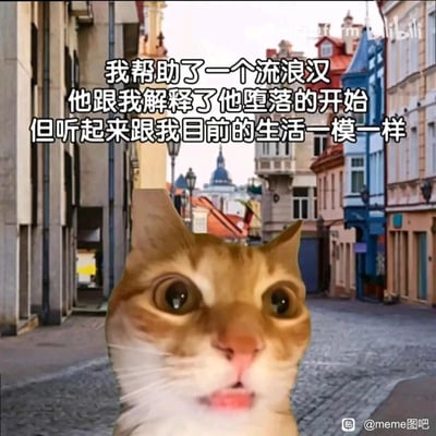 这是一张经过P图改编的meme梗图，背景是充满欧洲风格的石板路城镇街道，前景是一只眼睛瞪大、嘴巴微张，露出惊讶错愕神情的橘猫。图中配有自嘲文字“我帮助了一个流浪汉，他跟我解释了他堕落的开始，但听起来跟我目前的生活一模一样”，通过猫咪震惊的表情，生动传递出当事人在听闻流浪汉经历后，惊觉自己的生活状态正与对方堕落的起点完全一致的错愕与自嘲情绪，用幽默的方式吐槽自身糟糕的生活处境，容易引发有相似感受的人的共鸣。