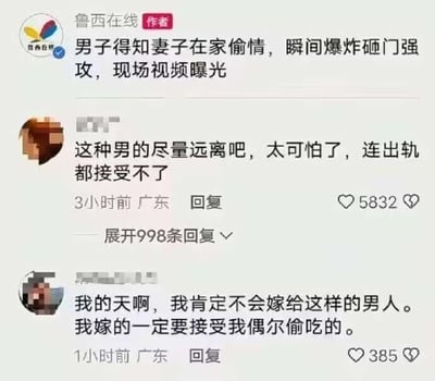 这是自媒体账号“鲁西在线”发布的一则社会事件内容，标题为《男子得知妻子在家偷情，瞬间爆炸砸门强攻，现场视频曝光》，内容讲述男子发现妻子婚内出轨后情绪激动砸门的事件。下方截取了两条来自广东的网友评论：第一条评论认为该男子“连出轨都接受不了”很可怕，呼吁远离，获得5832个赞与998条回复；第二条评论表示自己不会嫁给这样的男子，要求未来伴侣接受自己“偶尔偷吃”，获得385个赞。两条评论的观点完全违背大众普遍认可的婚恋道德观，言论离谱，引发关注与讨论。