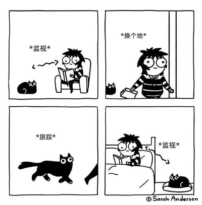 这是一幅四格黑白卡通漫画，描绘了主人与黑猫的日常互动：第一格中，黑发女孩坐在椅子上看书，一旁的黑猫正盯着她，旁白标注“*监视*”；第二格女孩拿着物品准备换个地方，黑猫仍注视着她，旁白“*换个地*”；第三格中黑猫快速跑动，旁白标注“*跟踪*”；第四格女孩在床上看书，黑猫又趴在床边的垫子上继续监视她，旁白再次标注“*监视*”。整个漫画以幽默的方式展现了猫咪粘人、时刻关注主人的可爱特性。