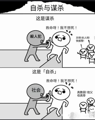 这是一幅采用上下对比结构的黑白卡通讽刺漫画，标题为「自杀与谋杀」。上半部分标注「这是谋杀」，画面中灰色的「杀人犯」角色正将一名面露惊恐的白色小人推向平台边缘，白色小人哭喊着「救命呀！我不想死！」，旁边的路人看到后愤怒地呼喊「天呀!杀人呀!快报警!」，展现出强烈的正义感和救助意愿。下半部分标注「这是「自杀」」，灰色角色的标注替换为「社会」，白色小人做出和上半部分完全相同的挣扎动作并哭喊同样的话语，但此时旁边的路人却冷漠地议论「真脆弱!他父母真惨」。漫画通过这种高度相似的场景、截然不同的标签和路人反应，尖锐地讽刺了社会对「自杀」的误解：当个体因社会压力走向崩溃时，往往被归咎于个人脆弱，而忽视了社会环境对个体的「隐形谋杀」，揭示了大众对心理健康问题和社会压力的漠视。
