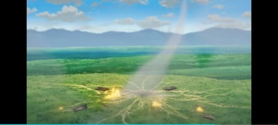 这是一张日式动画的静态截图，画面整体为开阔的野外场景，远景是澄澈的蓝天白云与淡蓝色的朦胧山脉，中景是连绵的青绿色草原，近景处的草地存在明显的强力冲击痕迹：冲击中心有放射状向四周扩散的裂纹，中心向上扬起灰白色的烟雾，周围散落着数块暗色的碎裂物，还有多处黄色的火光残留，整体呈现出刚刚发生过高速物体坠落或是强力攻击爆炸后的效果。