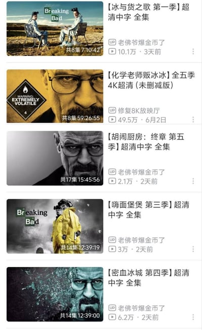这是一张B站视频列表的截图，所有视频的封面均来自美剧《绝命毒师》的官方宣传物料，但UP主为了规避平台的版权审查和敏感词限制，将原剧名改用各类谐音梗修改为看起来和原剧无关的搞笑名称，包括《冰与货之歌》《化学老师贩冰冰》《胡闹厨房》《嗨面堡煲》《密血冰城》，每条视频都标注了总时长、UP主昵称、播放量及发布时间，其中播放量最高的视频达到了49.5万，这类改名操作是中文网络特有的规避审查的玩梗形式。