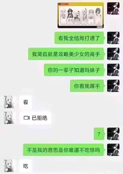 一名二次元爱好者向好友炫耀自己打通了美少女游戏的全结局，得意地宣称自己是攻略美少女的高手，最后放话“你看我屌不”，没想到好友故意曲解语义，先回复“看”并附上已拒绝的语音通话请求，在对方疑惑解释是问“你难道不吃惊吗”后，又回复“吃”，玩了低俗的谐音梗，把对方的话恶意拆解，制造出尴尬又搞笑的反差效果。
**谐音梗说明**：用户说的“你看我屌不”本意为“你看我厉害不”，被好友拆解为“看屌”和“吃屌”的低俗语义，通过回复“看+拒接语音”“吃”来对应，形成整活笑点。
