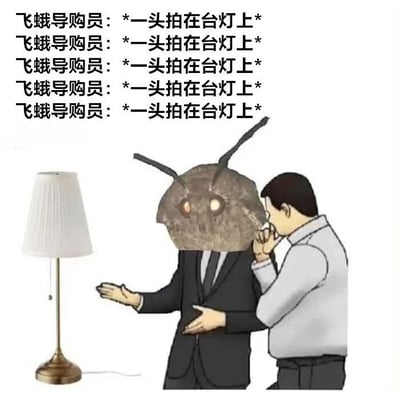 图片左侧有一盏白色台灯，右侧是两个卡通风格人物。前方人物穿着黑色西装，头部被替换成巨大的飞蛾头（棕色外壳、两根触角、发光的眼睛），正伸出手朝向台灯；后方人物穿着白色衬衫，侧身靠近前方人物，手捂嘴作耳语状。图片上方重复排列六行文字“飞蛾导购员：*一头拍在台灯上*”，通过飞蛾趋光性本能与“导购员”身份的反差制造幽默效果，展现飞蛾不顾劝阻反复撞击光源的荒诞场景。