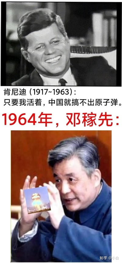 这张梗图分为上下两部分，上半部分引用了美国前总统肯尼迪的言论表示“只要我活着，中国就搞不出原子弹”，而下半部分则配以1964年中国著名科学家邓稼先的图片，手里“展示”原子弹的爆炸图像，以幽默的方式表达中国最终研制成功原子弹、实现突破，类似于打脸反转的情节。

**双关/暗示说明：** 
上下图形成鲜明对比，具有讽刺和自豪意味，表现为“打脸”梗；下图中邓稼先“亲手展示原子弹”带有夸张和玩梗成分。