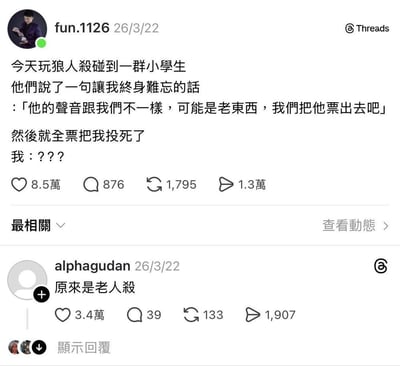 这张图是海外社交平台Threads的帖子截图，上方是用户fun.1126发布的生活趣事分享：自己在线玩狼人杀时匹配到一群小学生玩家，对方仅仅因为他的声音和小学生群体不同，就判定他是「老东西」，直接全票将他投出局，他本人对此十分错愕不解。下方是另一位用户alphagudan的评论，巧妙利用谐音梗将游戏名「狼人杀」调侃为「老人杀」，精准呼应了帖子内容的笑点，该评论也获得了大量点赞。