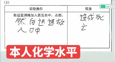 这是一张调侃自身化学水平的搞笑梗图，主体为化学实验题的答题表格，实验操作栏填写的内容为“取适量酒精加入蒸发皿中，点燃。然后迅速放入口中”，对应的现象栏填写的是“造成死亡”，表格下方配有红色底色的白色文字标注“本人化学水平”，整体内容完全违反化学实验安全常识，荒诞离谱，用来自嘲化学知识储备极差，答题完全不符合规范。