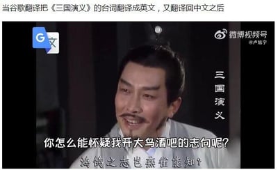 这是一张对1994版《三国演义》电视剧剧照进行二次创作的梗图，原图中诸葛亮的经典台词“鸿鹄之志岂燕雀能知？”，经过谷歌翻译“英译中再译回”的操作后，被错误翻译成“你怎么能怀疑我开大鸟酒吧的志向呢？”，利用机器翻译的错误形成谐音梗，“鸿鹄”被误译为“大鸟酒吧”，让原本充满豪情壮志的台词变得滑稽接地气，制造出强烈的反差搞笑效果。