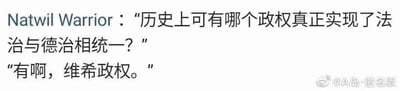 这是一张纯文字的社交媒体截图，呈现了一段网络对话：用户Natwil Warrior提出疑问“历史上可有哪个政权真正实现了法治与德治相统一？”，另有匿名用户以“有啊，维希政权。”回应，属于用历史政权创作的网络段子，图片右下角带有微博账号“@A岛-匿名版”的水印，整体为静态纯文字内容，无实际人物或场景图像。