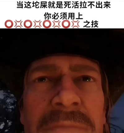 图片上方有文字“当这坨屎就是死活拉不出来 你必须用上 ○✧○✧○✧○✧ 之技”，下方是一张男人的面部特写，他表情严肃，留着胡子，戴着帽子，眼神坚定地直视前方。图片通过幽默的方式将便秘的窘境与所谓的“特殊技巧”联系起来，营造出一种滑稽的效果。