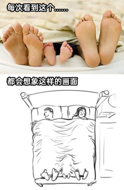 这是一张由上下两部分组成的趣味对比梗图：上半部分是一张真实生活照片，画面里的床上露出了四只成人脚和两只小孩脚，配文“每次看到这个......”，呈现出亲子同床的日常场景；下半部分是一幅手绘简笔画，根据上半部分的脚进行了脑洞创作，画中一对面带笑意的成年男女躺在床上盖着被子，而床的下方却伸出了对应照片里的六只脚，配文“都会想象这样的画面”。图中利用视觉错位的脑洞，将原本温馨的亲子同床场景脑补成床底藏人的诡异又搞笑的画面，通过这种反差感制造出强烈的趣味性和笑点。