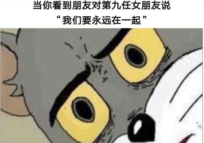 图片上方配有文字“当你看到朋友对第九任女朋友说‘我们要永远在一起’”，下方是动画《猫和老鼠》中汤姆（Tom）的面部特写。汤姆眉头紧锁，双眼瞪大呈黄色，眼神中充满怀疑和难以置信，仿佛正目睹朋友对第九任女友说出“永远在一起”的承诺时的真实反应，通过卡通角色的夸张表情与文字情景结合，形成幽默讽刺的效果。