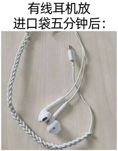 这是一张图文混排的趣味实拍梗图，顶部配有文字说明“有线耳机放进口袋五分钟后：”，下方的实拍图展示了一副白色Type-C接口的有线耳机，其大部分线材自动拧成了类似麻花辫的编织缠绕状态，只有靠近耳机头和充电接头的部分线材还保持散开状态，用夸张的表现形式还原了大众使用有线耳机时经常遇到的耳机线放进口袋后极易打结的日常痛点，很容易引发使用者的共鸣。