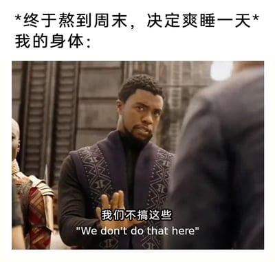 这是一张引发打工人共鸣的搞笑梗图，上方配文描述了打工人熬到周末后想要爽睡一天的计划，随后用漫威电影《黑豹》中特查拉的截图来代表“身体”的态度，图中特查拉做出抬手拒绝的动作，配文“我们不搞这些”，幽默地展现了很多人工作日疲惫不堪睡不醒，到了周末想补觉时，身体却异常清醒，无法实现补觉计划的无奈日常，用影视角色的拒绝姿态强化了这种反差感，让打工人感同身受。