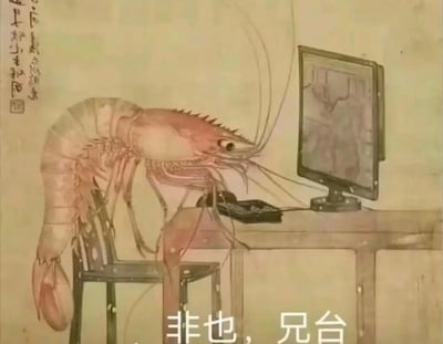 这是一张充满反差感的二次创作梗图，将传统国画风格的大虾形象融入现代办公场景：大虾坐在办公椅上，两只前爪搭在办公桌上，正盯着桌上的电脑屏幕，桌上还摆放着电话，仿佛在认真处理工作。图底部配文“非也，兄台”，用文绉绉的语气和现代办公场景形成强烈反差。同时存在谐音梗：“虾”谐音“瞎”，暗合职场中“瞎忙”、无效办公的状态，以搞笑的方式调侃职场生活。