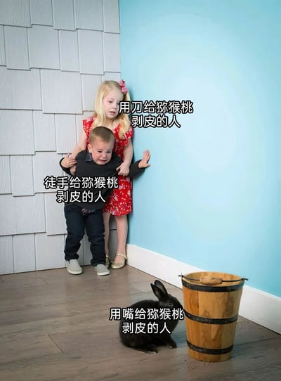 这是一张趣味网络梗图，通过三个形象的状态对比，调侃三种给猕猴桃剥皮的方式：穿着红色碎花裙的小女孩代表「用刀给猕猴桃剥皮的人」，她神情紧张地抱住大哭的小男孩；哭泣挣扎的小男孩代表「徒手给猕猴桃剥皮的人」，表现出被猕猴桃绒毛刺激后的抗拒痛苦；墙角木桶旁的黑兔子代表「用嘴给猕猴桃剥皮的人」，平静的状态对应这种硬核的去皮方式。整体画面用拟人化的反差感，放大不同去皮方式的体验差异，充满搞笑趣味。