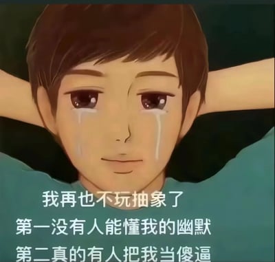 图片中是一个动漫风格的男孩，他有着棕色短发和大眼睛，双眼含着泪水，正双手抱头。图片下方配有文字：'我再也不玩抽象了 第一没有人能懂我的幽默 第二真的有人把我当傻逼'，表达了因自己的抽象幽默不被理解且被人误解而感到无奈和沮丧的情绪。