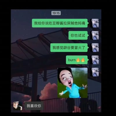 这张图是对微信聊天截图的二次创作，内容以一人抱怨吃了很辣的豆瓣酱导致拉肚子并肛门灼烧为主线，过程中还用到了“burn🔥🔥”这样的英汉混杂表述，增强搞笑效果。对方突然用“我喜欢你”并配自拍照进行表白，形成强烈反差与突兀的笑点。这种前后毫无关联、突然告白的方式，在网络聊天迷惑行为中十分常见。

**无双关和谐音梗，但有出其不意的暗示式幽默感。**