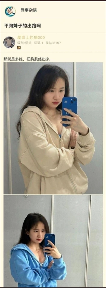 社交媒体帖子截图，标题为“平胸妹子的出路啊”。下方有网友“屋顶上的猫000”评论“那就是多练，把胸肌练出来”。配图为两张对比自拍：上图中女生穿着米色连帽卫衣，下图穿着蓝色连帽卫衣，均手持蓝色手机在镜子前自拍，疑似展示“练胸肌”前后的效果。