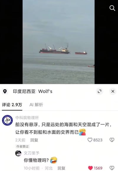 这是一张社交媒体内容截图，上半部分是实拍的海面场景，由于远处海面和天空颜色相近、边界模糊，产生了轮船仿佛悬浮在空中的视觉错觉效果。下半部分是该内容的评论区，定位显示在印度尼西亚，总评论数为2.9万，热评第一是官方账号中科院物理所发布的科普内容，解释轮船并没有悬浮，只是海天一色导致看不到船和水面的交界，该评论获赞8523且被内容作者点赞；第二条评论是网友“文刀里予”发布的无厘头调侃内容“你懂物理吗？”搭配哭笑表情，以专业科普被反问的反差感制造笑点，该评论获赞1569。